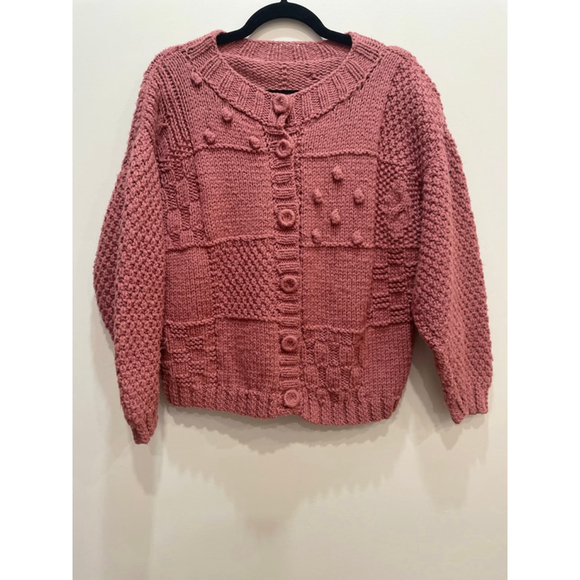 Vintage Sweaters - Vintage Hand Knit Chunky Bobble Textured Cardigan Large Cottage Cabin Trad Wife